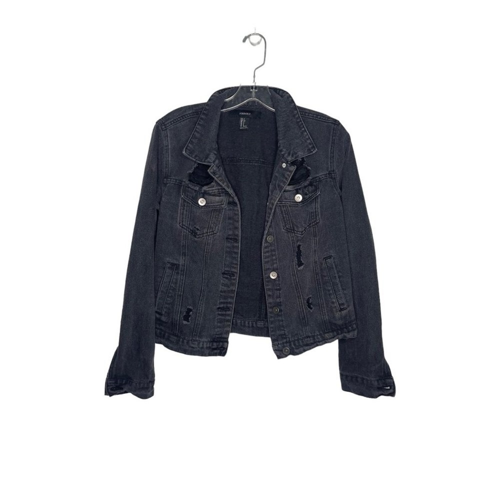 Forever 21 Distressed Denim Jacket Washed Black Small Trucker Jean Jacket Distr